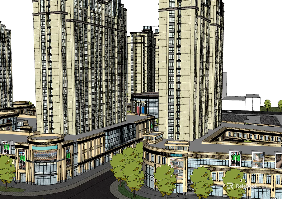 Modern High Rise Residential Buildings With Low Rise Commercial Area Green Trees And Curved Road 3d model 