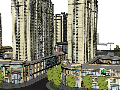 Modern High Rise Residential Buildings With Low Rise Commercial Area Green Trees And Curved Road 3d model