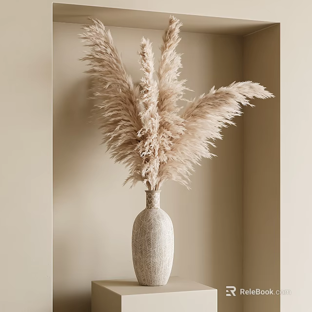Beige Woven Vase With Fluffy Pampas Grass In Light Colored Wall Corner 3d model 