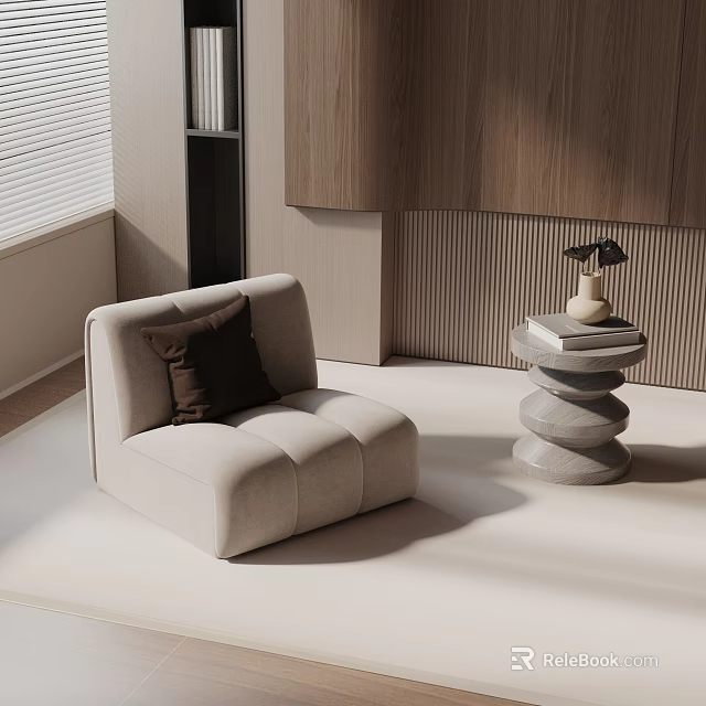 Modern Beige Fabric Accent Chair With Stone Side Table And Decorative Items 3d model
