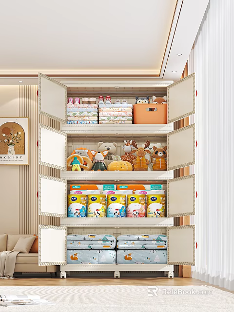 Organized Storage Cabinet With Multiple Shelves Containing Toys Folded Clothes And Cans 3d model 
