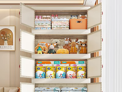 Organized Storage Cabinet With Multiple Shelves Containing Toys Folded Clothes And Cans 3d model