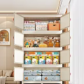 Organized Storage Cabinet With Multiple Shelves Containing Toys Folded Clothes And Cans