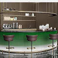 Green Gradient Bar Counter With Brown Stools Wooden Wall Shelves And Coffee Machine