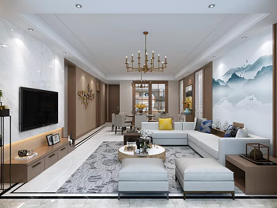 Modern Living and Dining Room Interior With Chandelier Sofa Mountain Painting And Area Rug 3d model