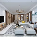 Modern Living and Dining Room Interior With Chandelier Sofa Mountain Painting And Area Rug