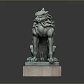 Ancient Bronze Lion Sculpture With Square Stone Base And Intricate Details