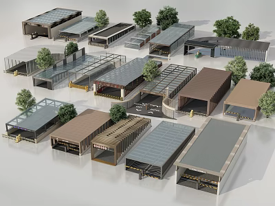 Diverse Garden Structures Featuring Covered Pavilions and Green Trees for Outdoor Landscaping Design 3d model