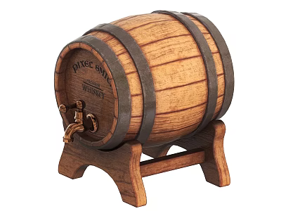 Barrel Shaped Ceramic Ware with DICE BAR WHISKEY Inscriptions Metal Tap and Wooden Stand 3d model