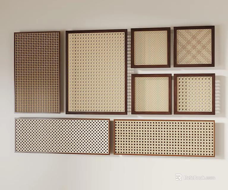Decorative Grille Panels With Various Patterns Grid Designs Brown Frames Light Grilles On White Wall 3d model 