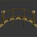 Traditional Bamboo Bridge With Curved Railings And Hanging Lanterns