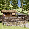 Rustic Lodge With Thatched Roof Wooden Platform And Outdoor Rest Area Surrounded By Green Trees