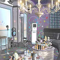 KTV Interior Design With Chandelier Colorful Dot Walls Sofas Round Tables And Drinks