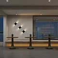Modern Café Interior Design With Stone Countertop Wooden Shelves Hanging Lights And Wine Bottles