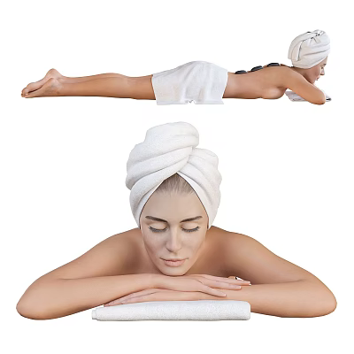 A Woman with Towel Wrapped Head Lying on Stomach During Relaxing Massage with Hot Stones 3d model