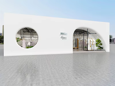 Modern Design Storefront With White Building Circular Windows Entrance And Plants 3d model