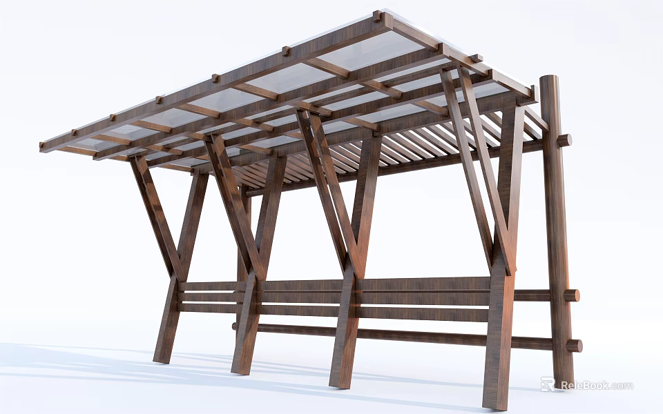 Wooden Canopy With Transparent Roof And Built In Bench For Outdoor Shade 3d model 
