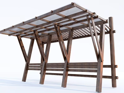 Wooden Canopy With Transparent Roof And Built In Bench For Outdoor Shade 3d model