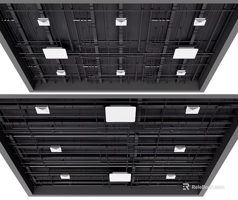 Modern Suspended Ceiling With Black Grid Framework White Panels And Recessed Lights 3d model 
