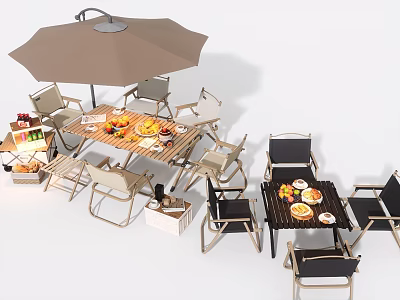 Outdoor Table And Chair Set With Umbrella And Food For Dining 3d model