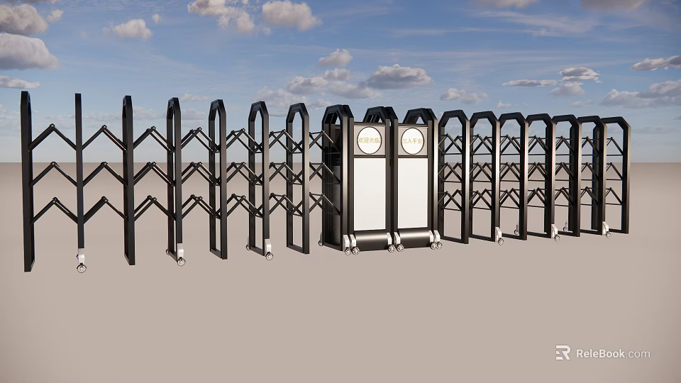Retractable Gate With Black Metal Frame Control Panel And Circular Devices Outdoor Design 3d model 