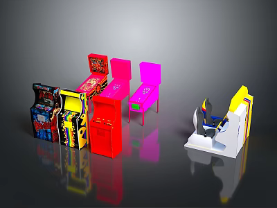 Colorful Electronic Appliances Display With Gaming Consoles Tables And Chairs Setup 3d model