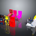 Colorful Electronic Appliances Display With Gaming Consoles Tables And Chairs Setup