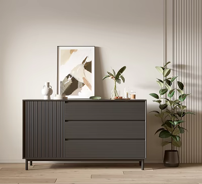 Modern Entryway Console Cabinet With Drawers Decorative Painting And Green Plant 3d model