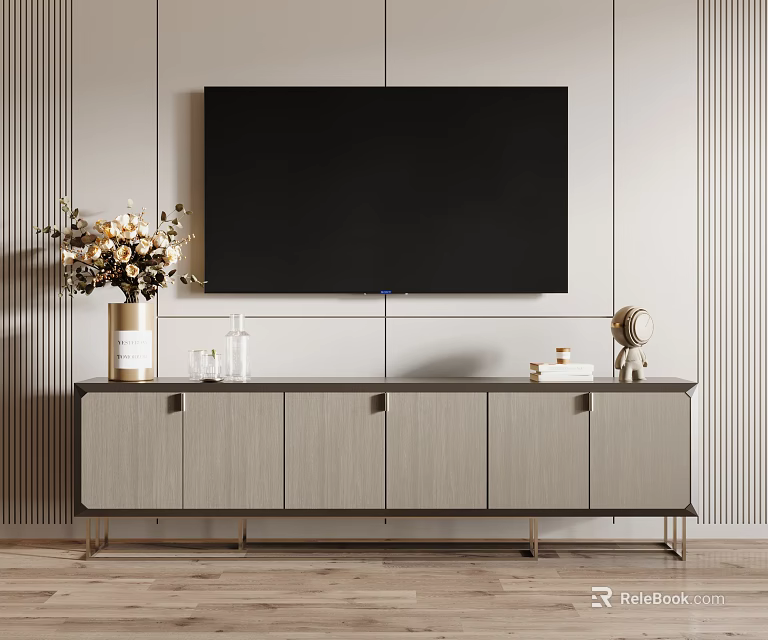Modern TV Stand With Striped Wall Mounted TV Vase Flowers Glassware And Books 3d model 
