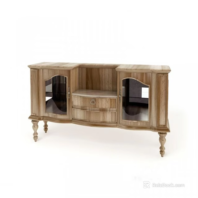 Vintage Wooden Sideboard With Curved Design Drawer And Glass Doors Carved Legs 3d model 