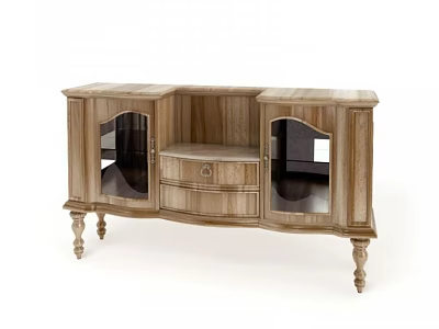 Vintage Wooden Sideboard With Curved Design Drawer And Glass Doors Carved Legs 3d model