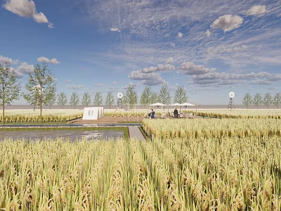 Rural Countryside Landscape With Golden Rice Fields Blue Sky White Clouds Trees And Patio Area 3d model