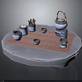 Ceramic Tea Set With Teapot Cups And Jars On Striped Mat Over Round Table
