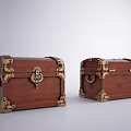 Vintage Brown Wooden Trunks With Brass Metal Accents And Classic Decorative Details