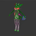 Anthropomorphic Character With Gray Body Green Ears Black Hair Orange Highlights And Flame Tail
