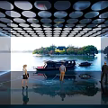Interactive Indoor Space With Circular Ceiling People Projected Floor Lake View Island Boats