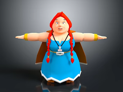 Cartoon Female Character With Red Braided Hair Blue Dress Necklace Yellow Bracelets And Brown Cape 3d model