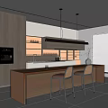 Modern Restaurant Open Kitchen Design Featuring Wooden Cabinets Island Counter Bar Stools And Pendant Lights