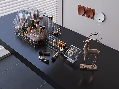 Luxury Perfume Cosmetics Display with Transparent Rack Gold Elements and Deer Ornament on Black Tabletop 3d model