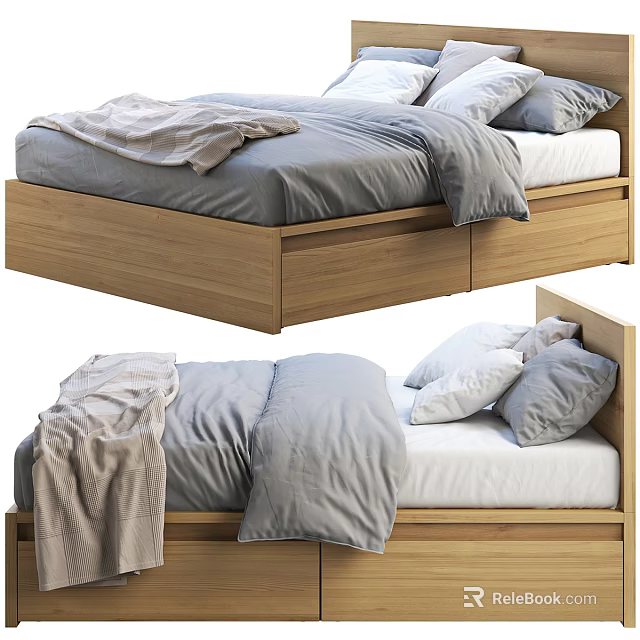 Cozy Double Bed With Wooden Frame Comfortable Mattress Gray Bedding And Pillows 3d model 