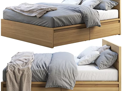 Cozy Double Bed With Wooden Frame Comfortable Mattress Gray Bedding And Pillows 3d model