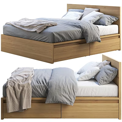 Cozy Double Bed With Wooden Frame Comfortable Mattress Gray Bedding And Pillows 3d model