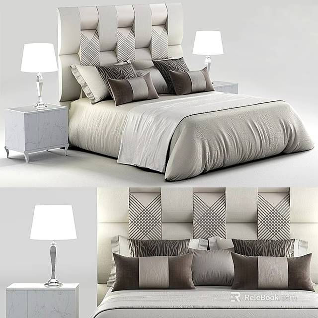 Elegant Double Bed with Geometric Pattern Headboard Plush Pillows Neutral Bedspread and Marble Nightstands 3d model