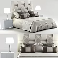 Elegant Double Bed with Geometric Pattern Headboard Plush Pillows Neutral Bedspread and Marble Nightstands 3d model