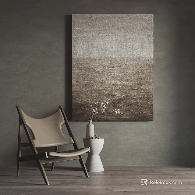 Elegant Modern Living Space With Large Abstract Painting Chair And White Flower Vase 3d model 