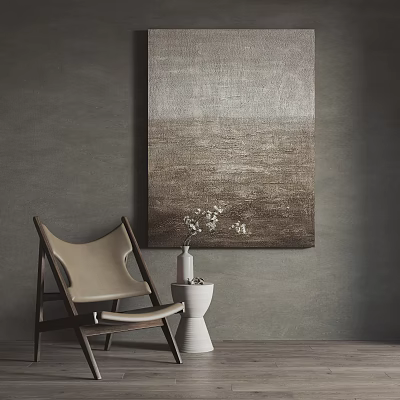 Elegant Modern Living Space With Large Abstract Painting Chair And White Flower Vase 3d model