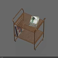 Functional Desk With Golden Metal Frame Two Tier Design Movable Wheels And Magazine Storage