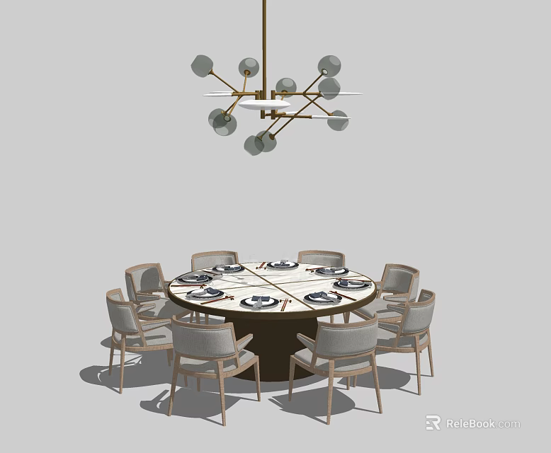Elegant Round Dining Table Set With Surrounding Chairs And Hanging Chandelier 3d model 