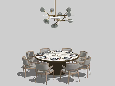 Elegant Round Dining Table Set With Surrounding Chairs And Hanging Chandelier 3d model