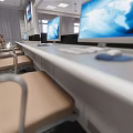 School Classroom With Rows Of White Desks Yellow Chairs Large Screen Windows And Ceiling Lights